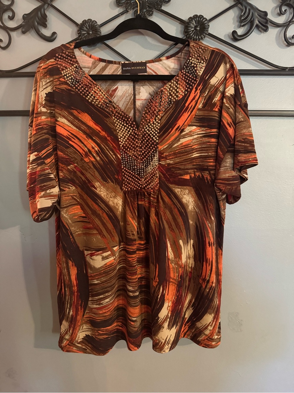 Dana Buchman Brown & Orange V-Neck Beaded Blouse